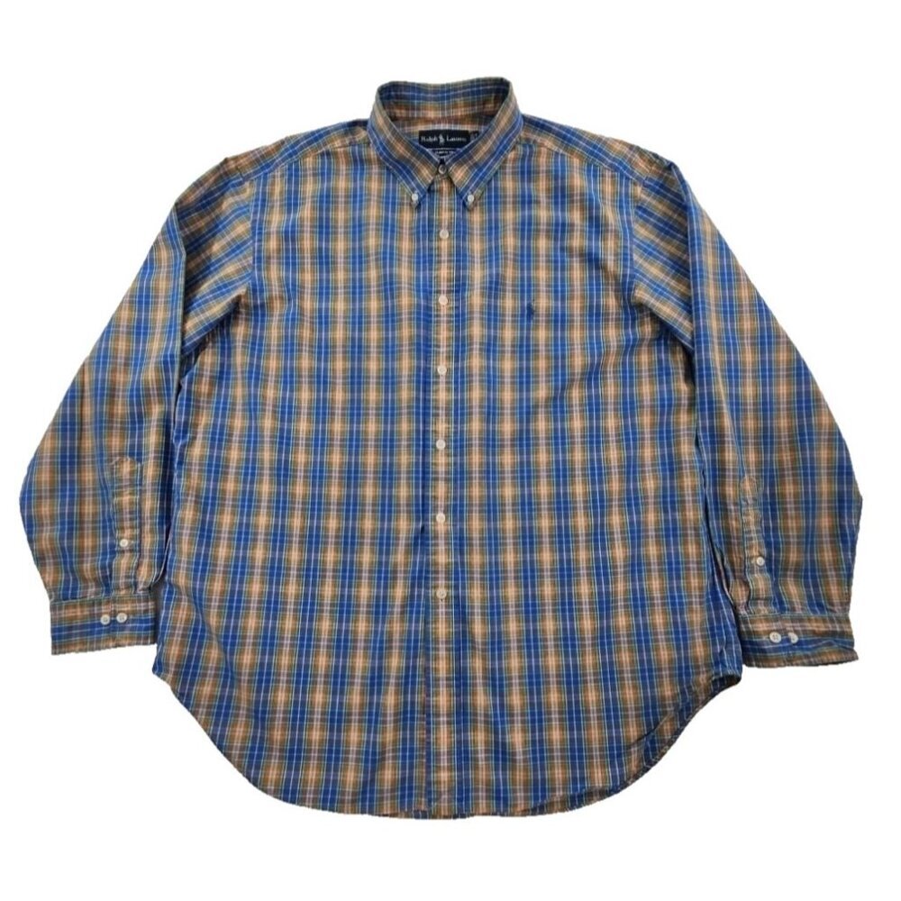 Ralph Lauren Classic Fit Shirt Men's 17 1/2 - 34/35 Blue Orange Plaid EUC Luxe